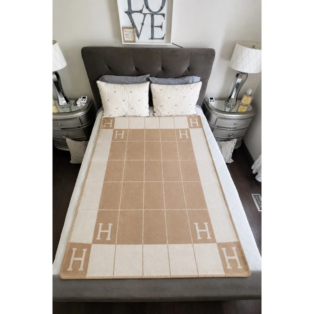 Letter H Throw Blanket 52x69 Tan Beige Reversible Cozy Home Decor NWOT